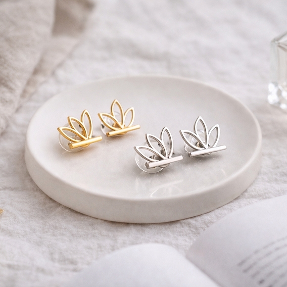 Lotus Flower Stud Earrings - Minimalist Jewelry - Picture 5 of 6
